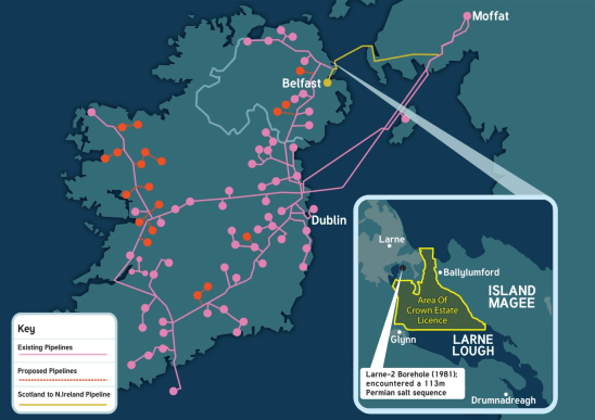 map of Ireland with key pipelines